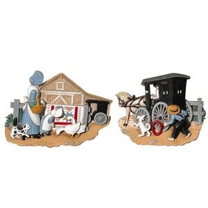 Burwood Products 1995 Amish Country Scene Wall Decor Farm Wagons 2 Pcs #3340-2